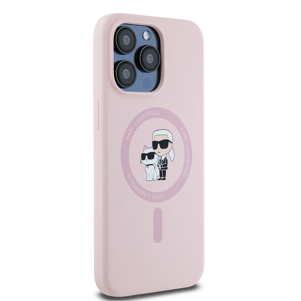 Coque MagSafe pour Apple iPhone 15 Pro Max, Karl Lagerfeld, Anneau en Silicone Karl & Choupette, Rose