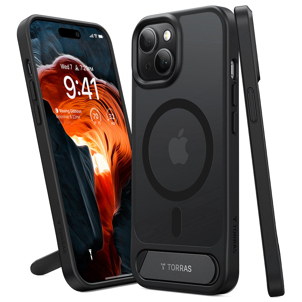 Coque MagSafe pour Apple iPhone 15, Torras, Pstand, Noire