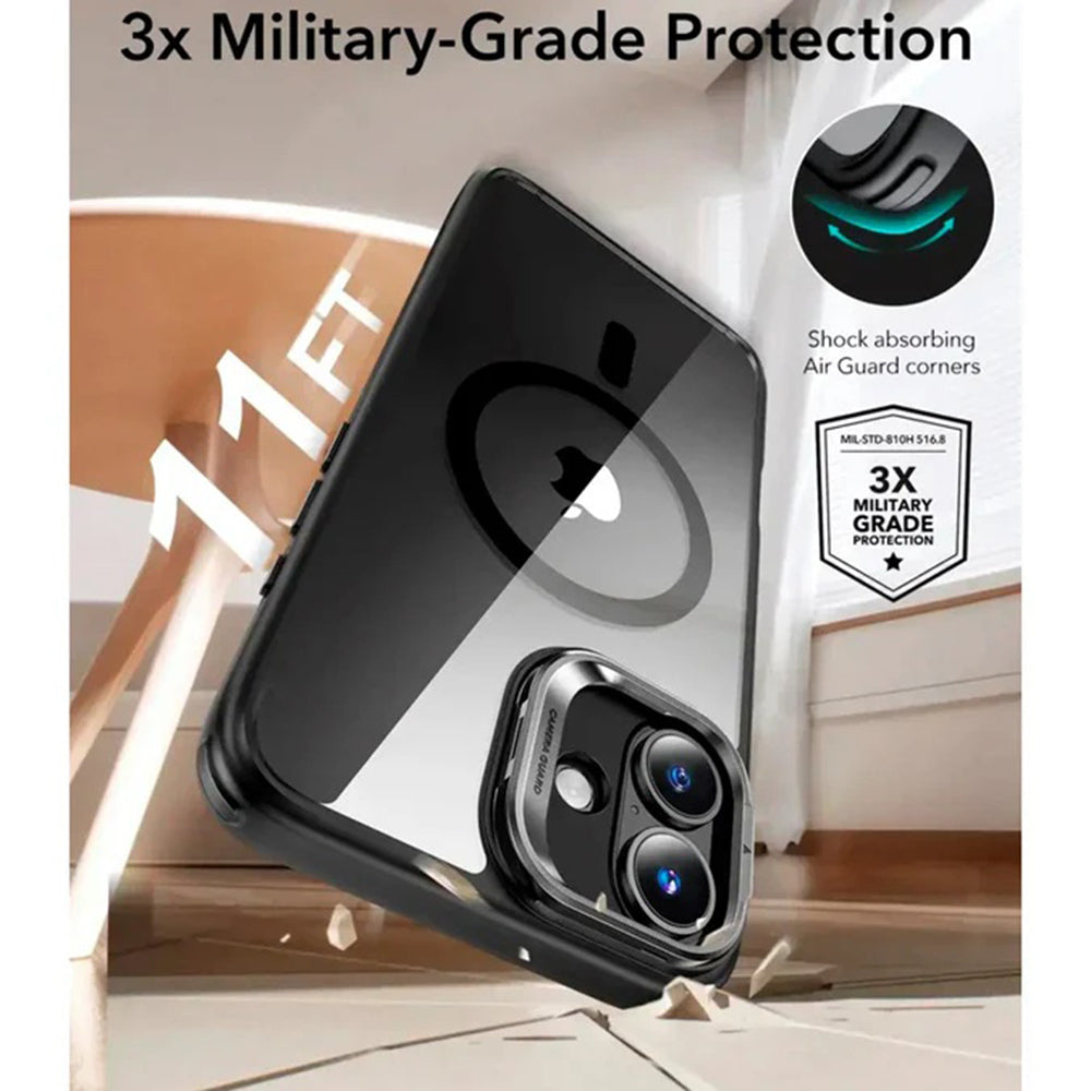 Coque MagSafe pour Apple iPhone 16, ESR, Classic Hybrid Kickstand Slide, Noire Transparente