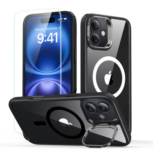 Housse MagSafe pour Apple iPhone 16, ESR, Classic Hybrid Kickstand avec Protecteur d'Écran, Noire Transparente