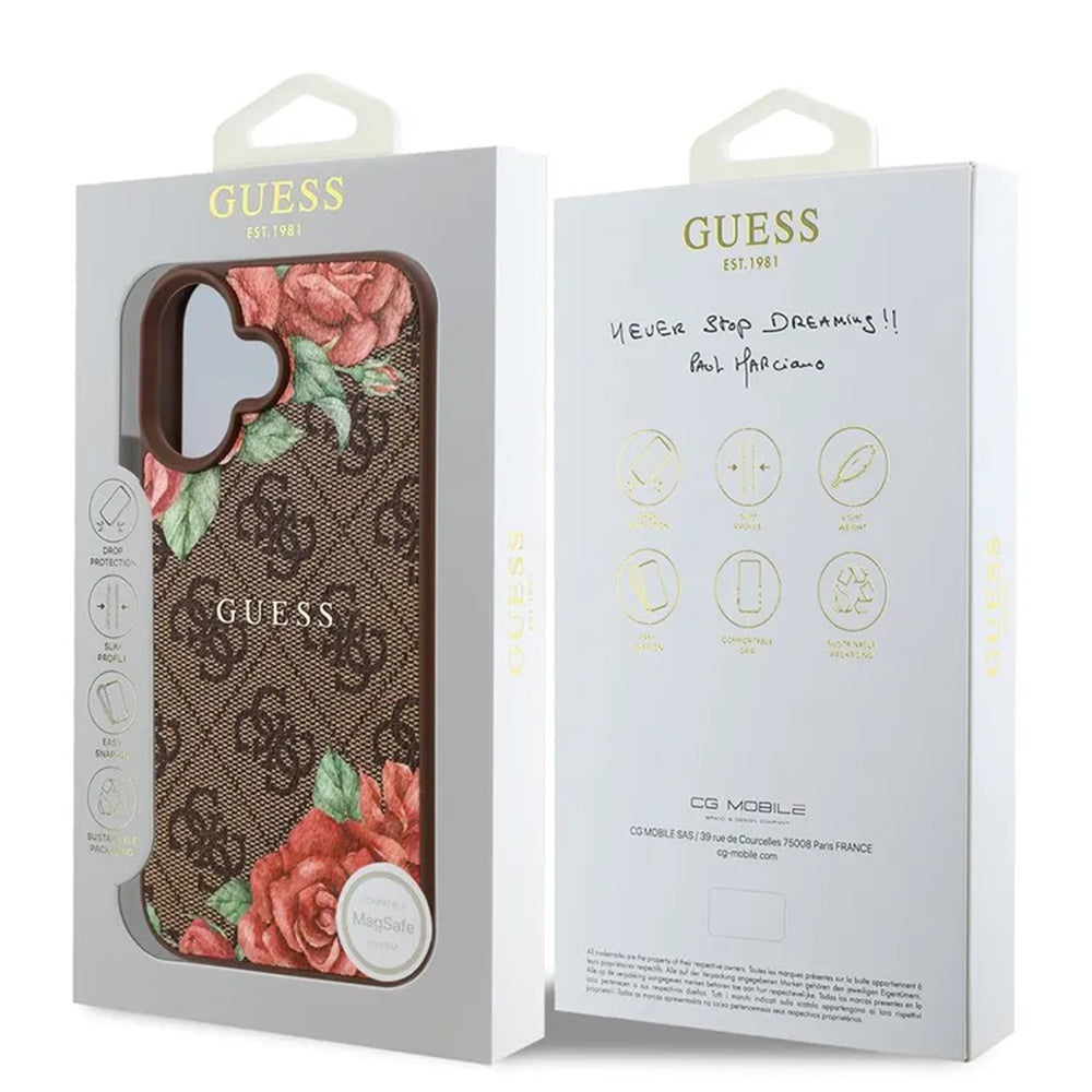 Coque MagSafe pour Apple iPhone 16, Guess, Imprimé Fleurs 4G, Marron