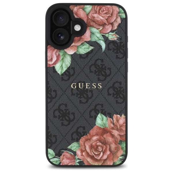 Coque MagSafe pour Apple iPhone 16, Guess, Imprimé Fleurs 4G, Noire