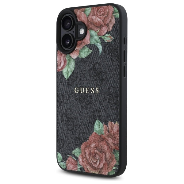 Coque MagSafe pour Apple iPhone 16, Guess, Imprimé Fleurs 4G, Noire