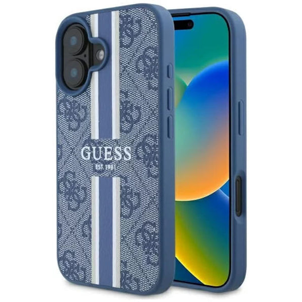 Étui MagSafe pour Apple iPhone 16, Guess, 4G Printed Stripes, Bleu