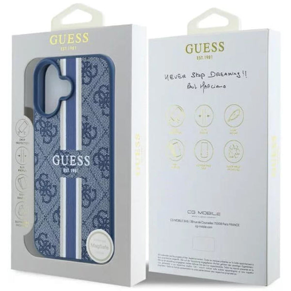Étui MagSafe pour Apple iPhone 16, Guess, 4G Printed Stripes, Bleu