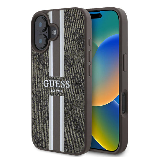 Étui MagSafe pour Apple iPhone 16, Guess, 4G Printed Stripes, Marron
