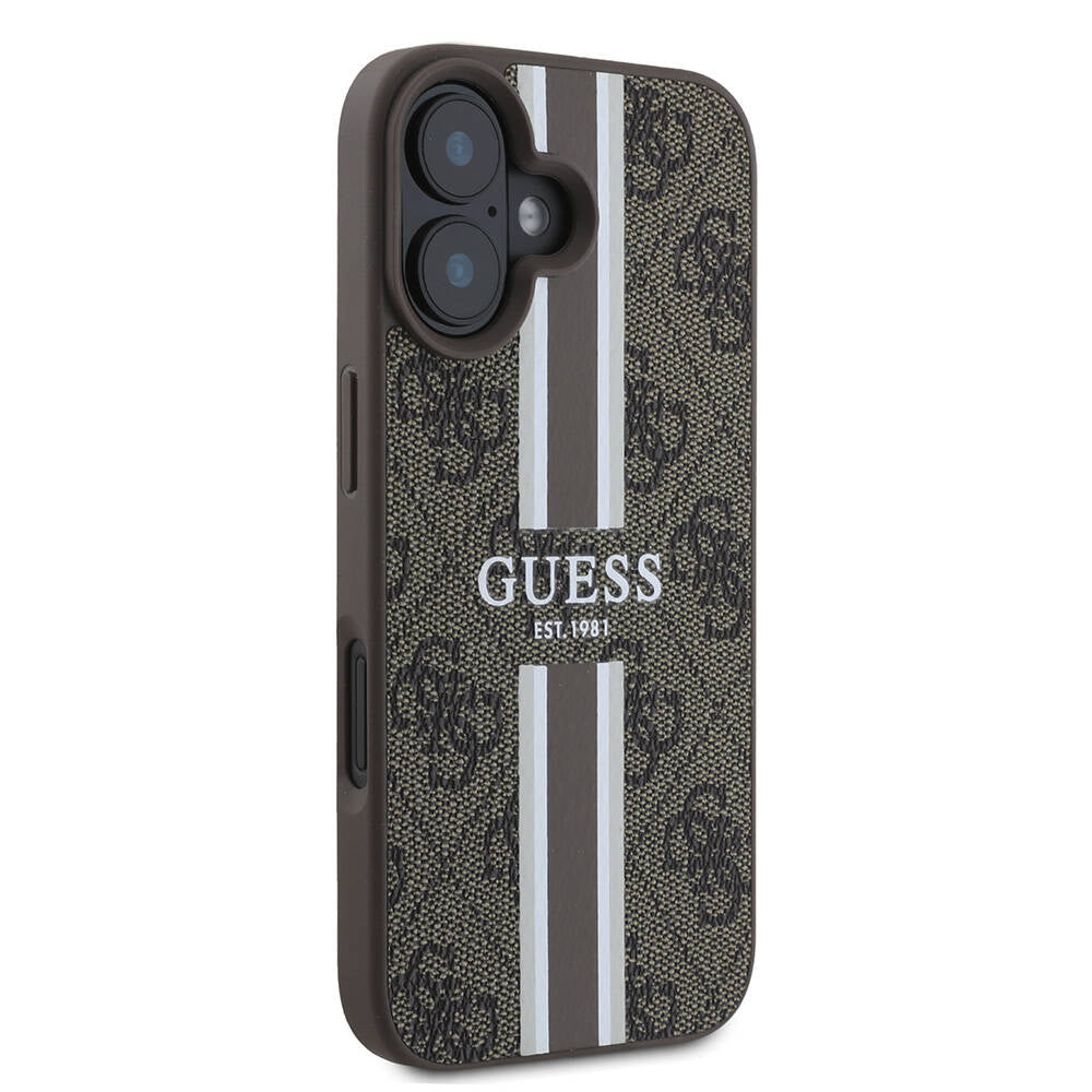 Étui MagSafe pour Apple iPhone 16, Guess, 4G Printed Stripes, Marron