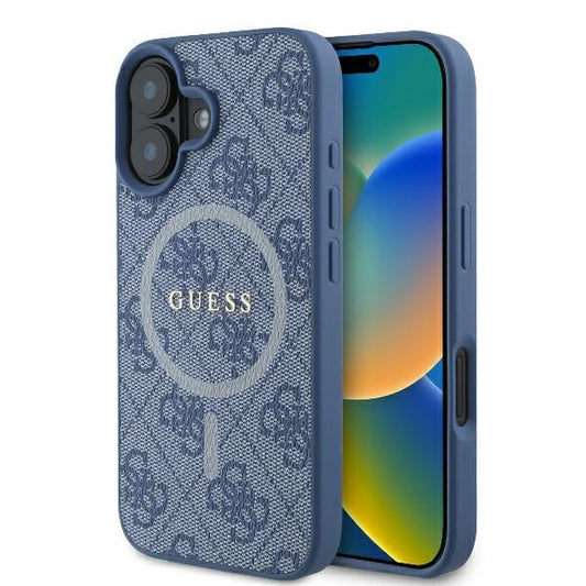 Coque MagSafe pour Apple iPhone 16, Guess, 4G Ring Classic Logo, Bleue