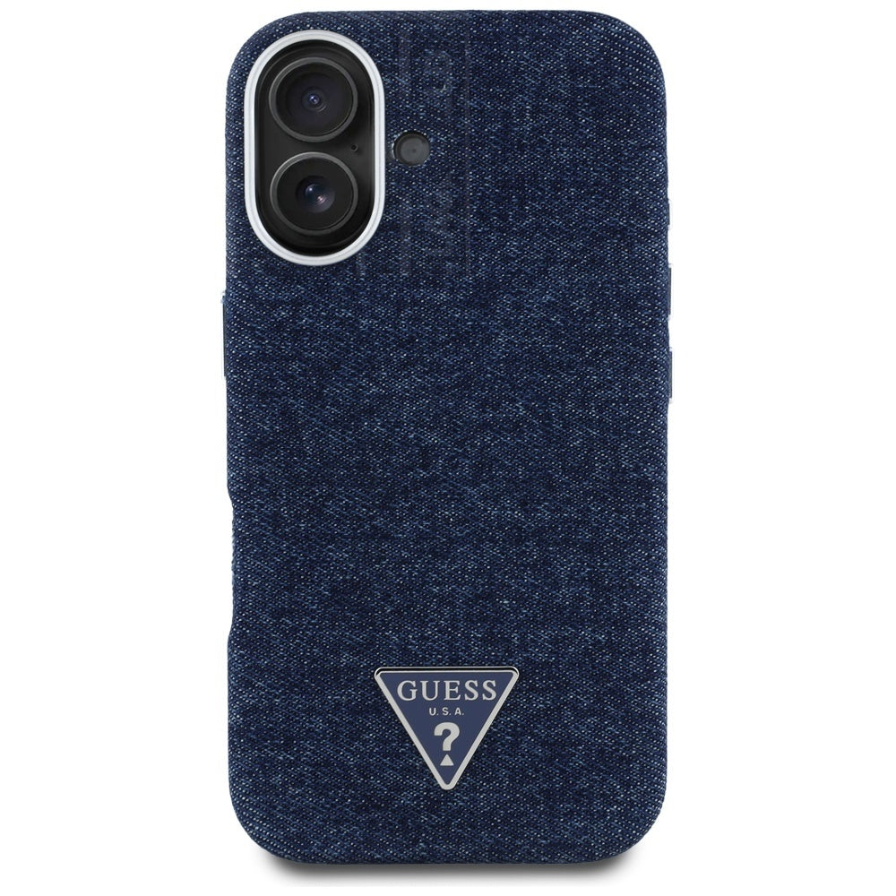 Coque MagSafe pour Apple iPhone 16, Guess, Logo Triangle en Denim, Bleue