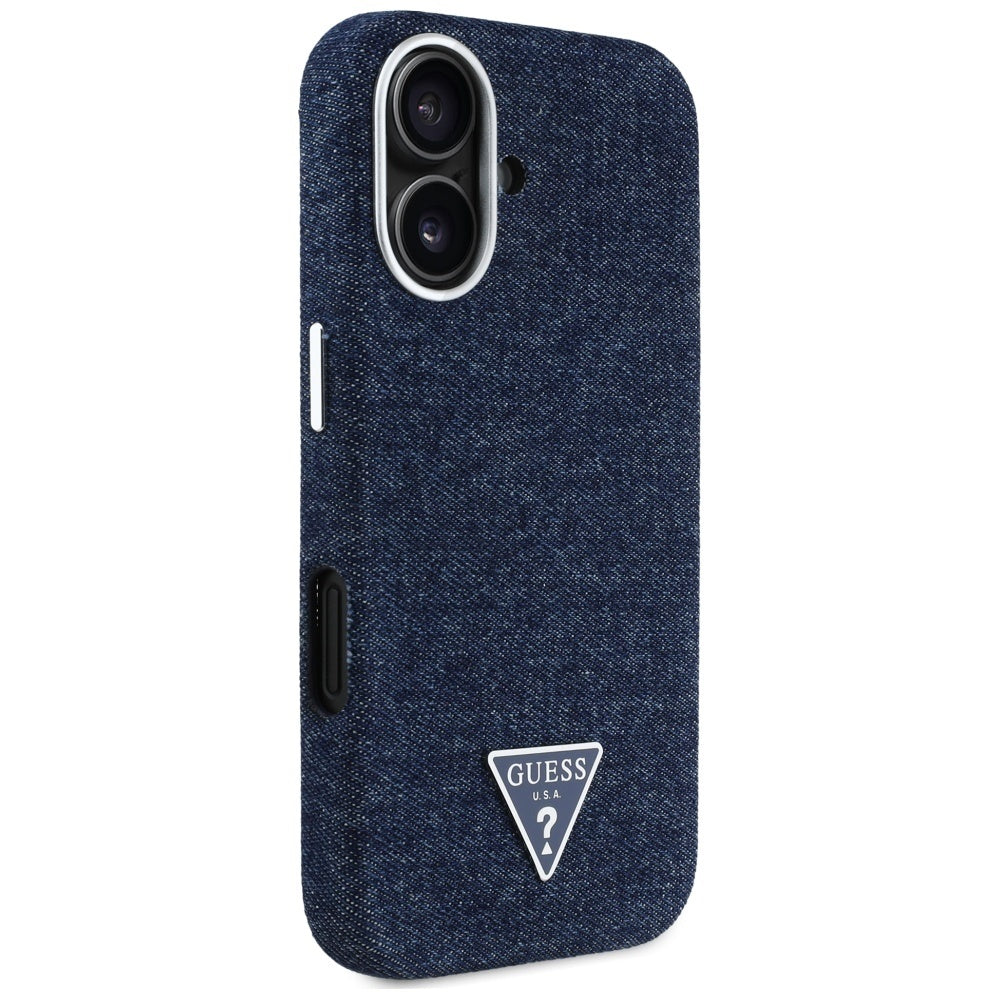 Coque MagSafe pour Apple iPhone 16, Guess, Logo Triangle en Denim, Bleue