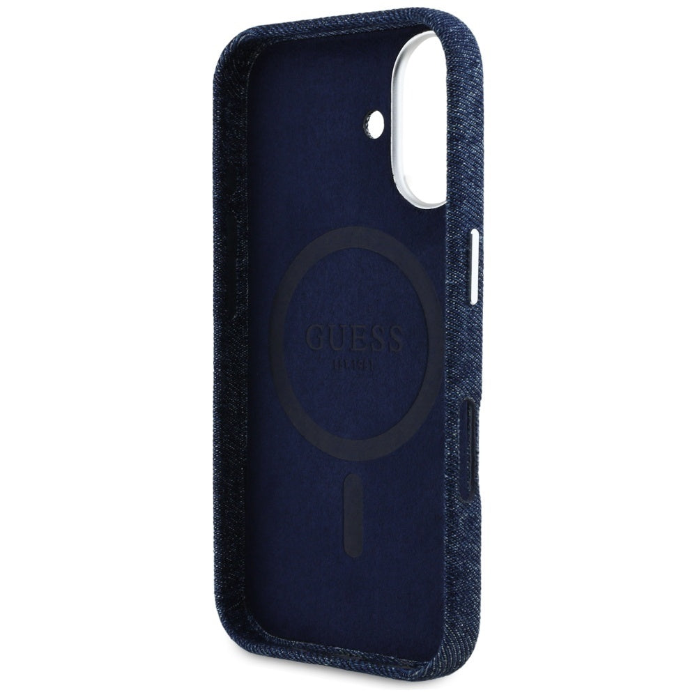 Coque MagSafe pour Apple iPhone 16, Guess, Logo Triangle en Denim, Bleue