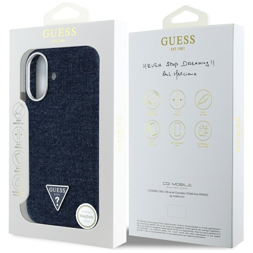 Coque MagSafe pour Apple iPhone 16, Guess, Logo Triangle en Denim, Bleue