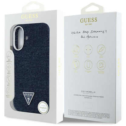 Coque MagSafe pour Apple iPhone 16, Guess, Logo Triangle en Denim, Bleue