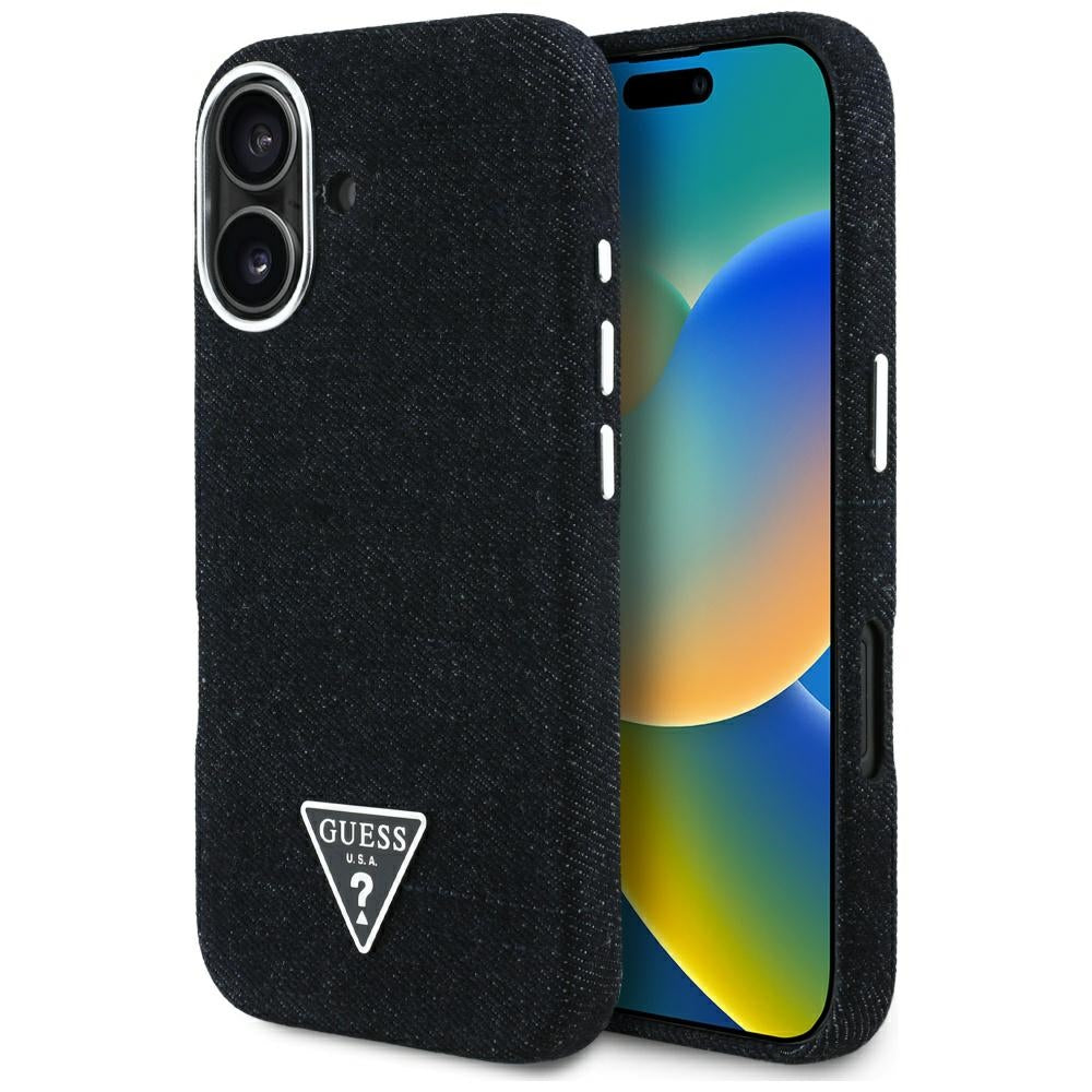 Coque MagSafe pour Apple iPhone 16, Guess, Logo Triangle en Denim, Noire