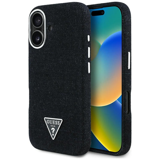 Coque MagSafe pour Apple iPhone 16, Guess, Logo Triangle en Denim, Noire