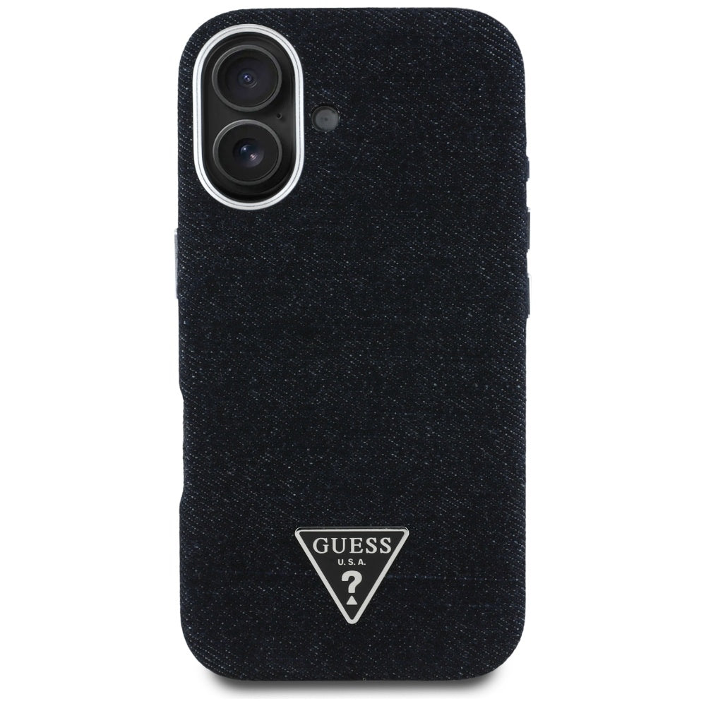 Coque MagSafe pour Apple iPhone 16, Guess, Logo Triangle en Denim, Noire