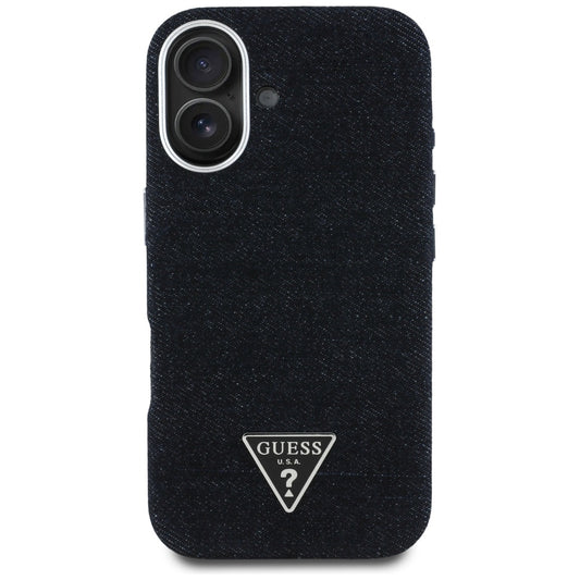 Coque MagSafe pour Apple iPhone 16, Guess, Logo Triangle en Denim, Noire