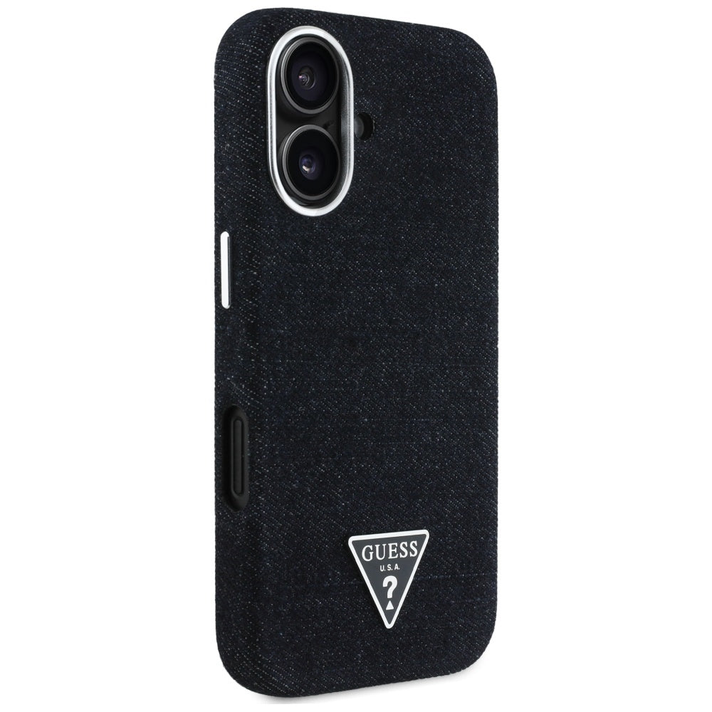 Coque MagSafe pour Apple iPhone 16, Guess, Logo Triangle en Denim, Noire