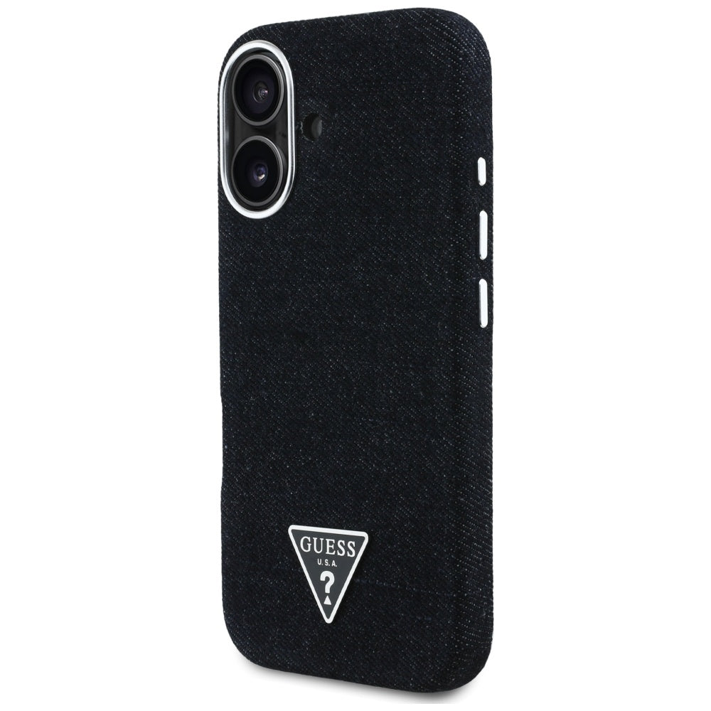 Coque MagSafe pour Apple iPhone 16, Guess, Logo Triangle en Denim, Noire