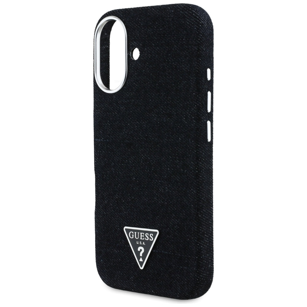 Coque MagSafe pour Apple iPhone 16, Guess, Logo Triangle en Denim, Noire