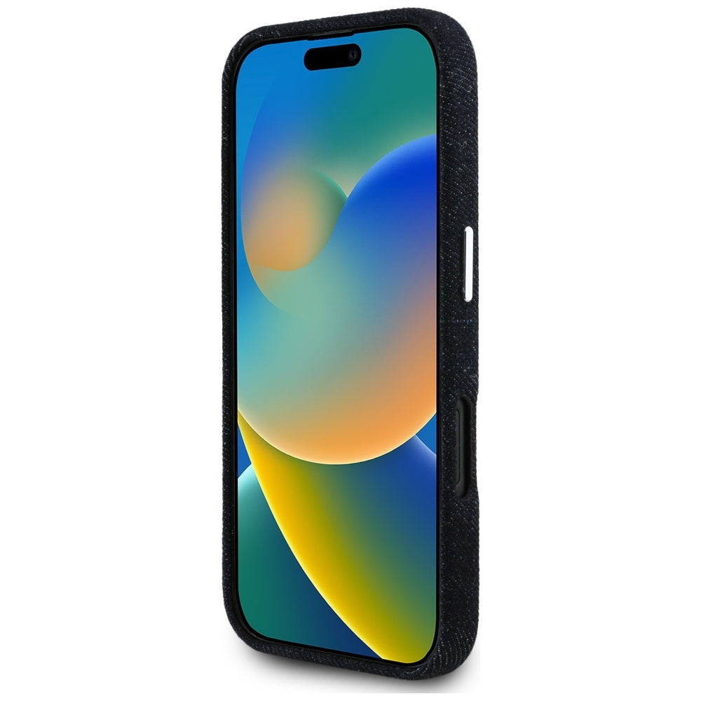 Coque MagSafe pour Apple iPhone 16, Guess, Logo Triangle en Denim, Noire