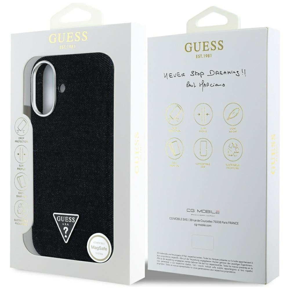 Coque MagSafe pour Apple iPhone 16, Guess, Logo Triangle en Denim, Noire