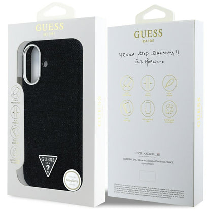 Coque MagSafe pour Apple iPhone 16, Guess, Logo Triangle en Denim, Noire