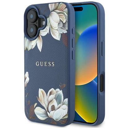 Coque MagSafe pour Apple iPhone 16, Guess, Grained Flowers, Bleue