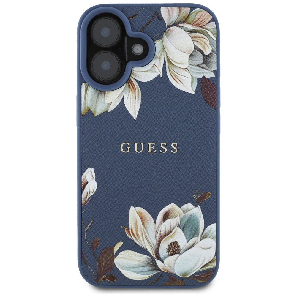 Coque MagSafe pour Apple iPhone 16, Guess, Grained Flowers, Bleue