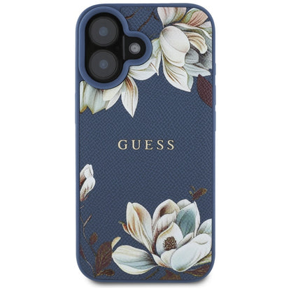 Coque MagSafe pour Apple iPhone 16, Guess, Grained Flowers, Bleue
