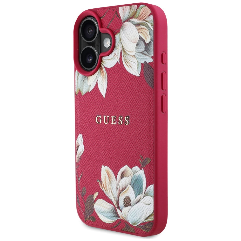 Coque MagSafe pour Apple iPhone 16, Guess, Grained Flowers, Fuchsia