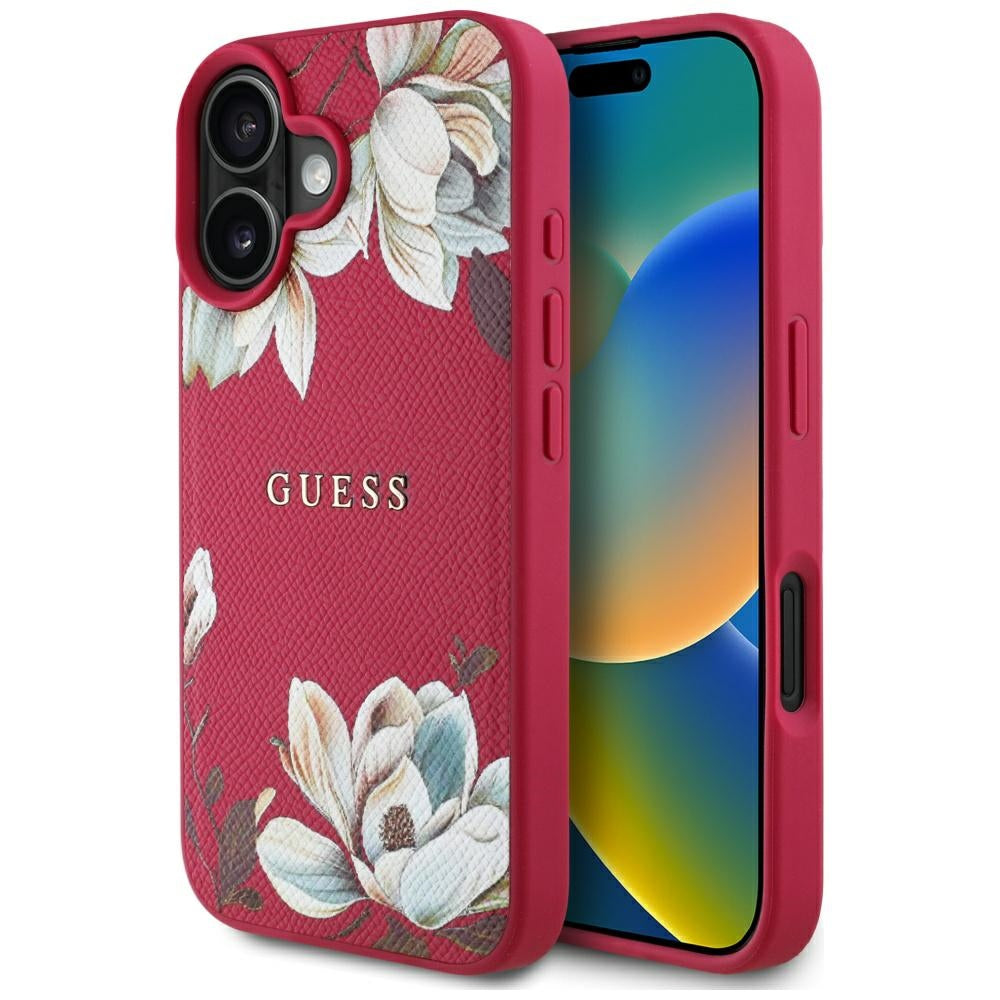 Coque MagSafe pour Apple iPhone 16, Guess, Grained Flowers, Fuchsia