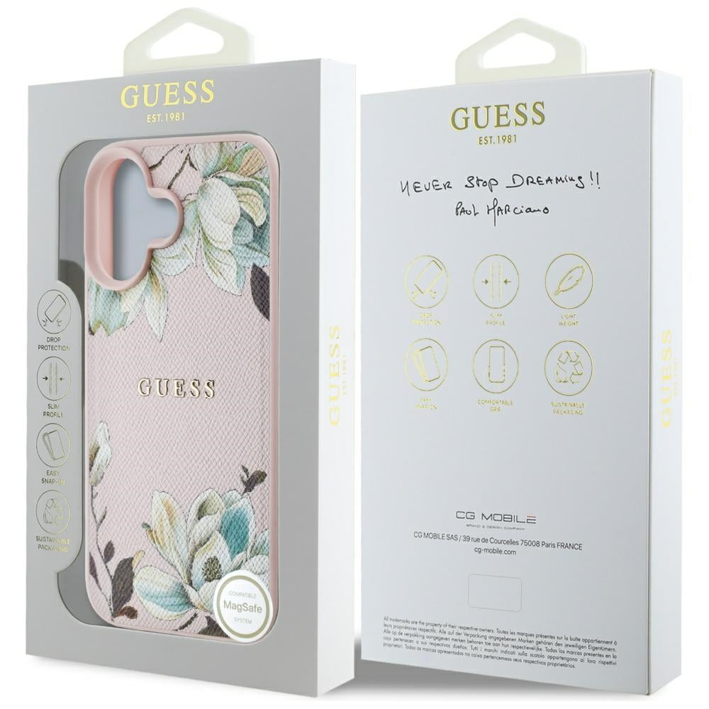 Coque MagSafe pour Apple iPhone 16, Guess, Grained Flowers, Rose