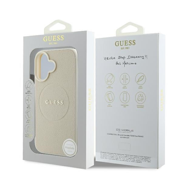 Étui MagSafe pour Apple iPhone 16, Guess, Anneau Doré Grainé, Beige