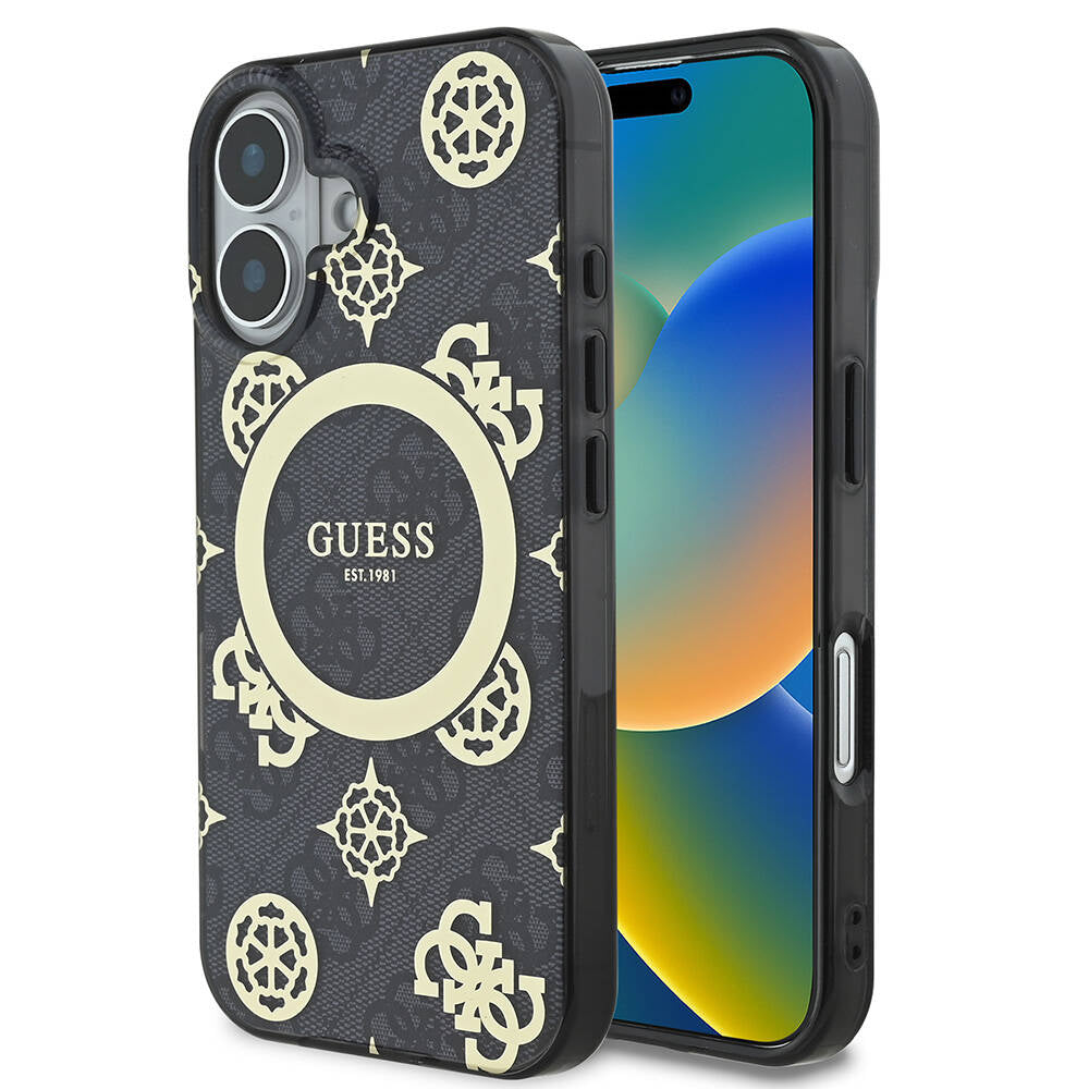 Étui MagSafe pour Apple iPhone 16, Guess, IML 4G Peony, Noir GUHMP16SH4PYEEK