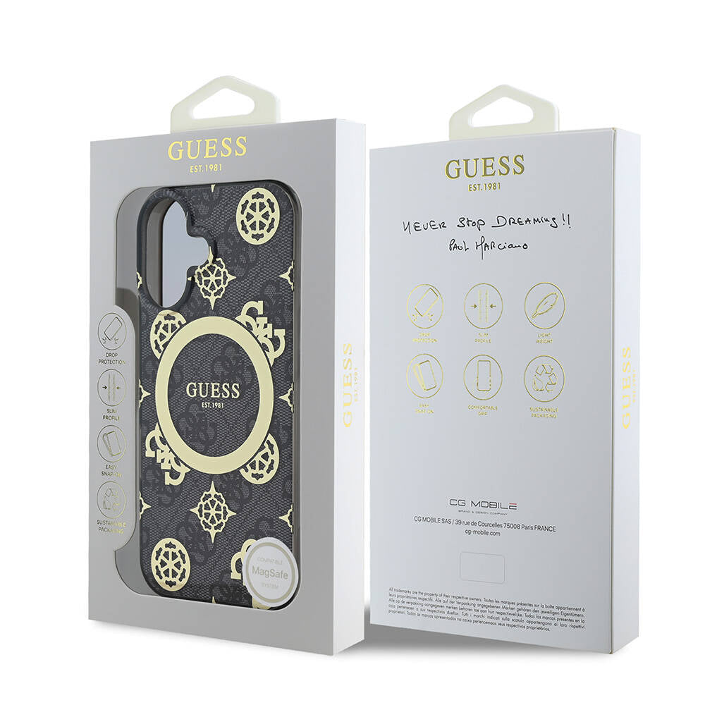 Étui MagSafe pour Apple iPhone 16, Guess, IML 4G Peony, Noir GUHMP16SH4PYEEK