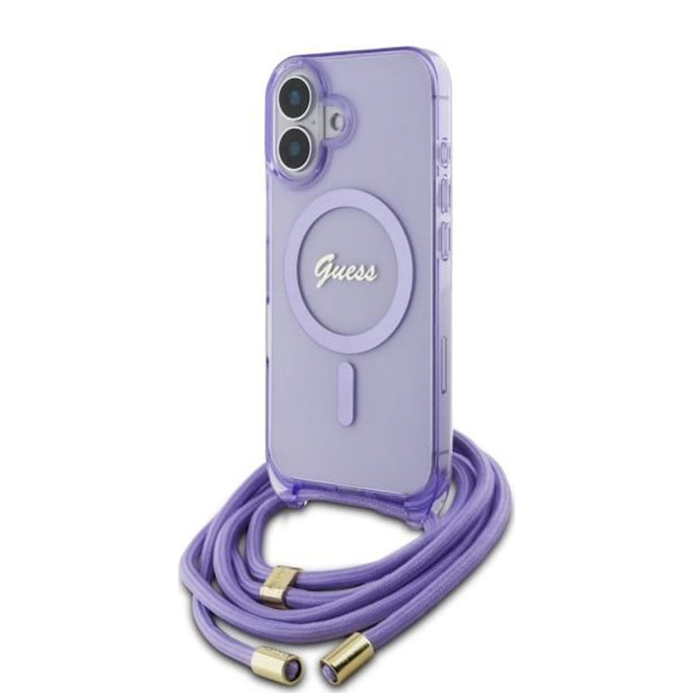Étui MagSafe pour Apple iPhone 16, Guess, IML Crossbody Cord Script, Violet