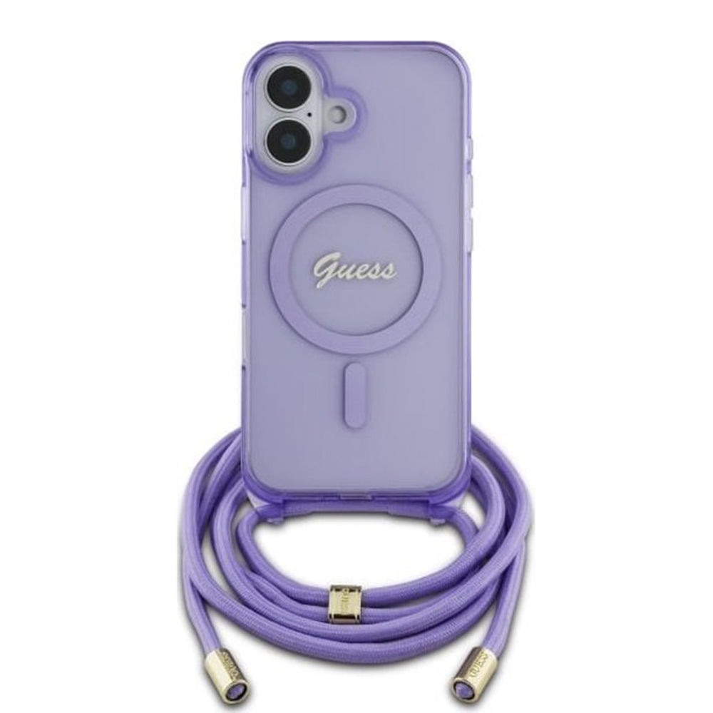 Étui MagSafe pour Apple iPhone 16, Guess, IML Crossbody Cord Script, Violet