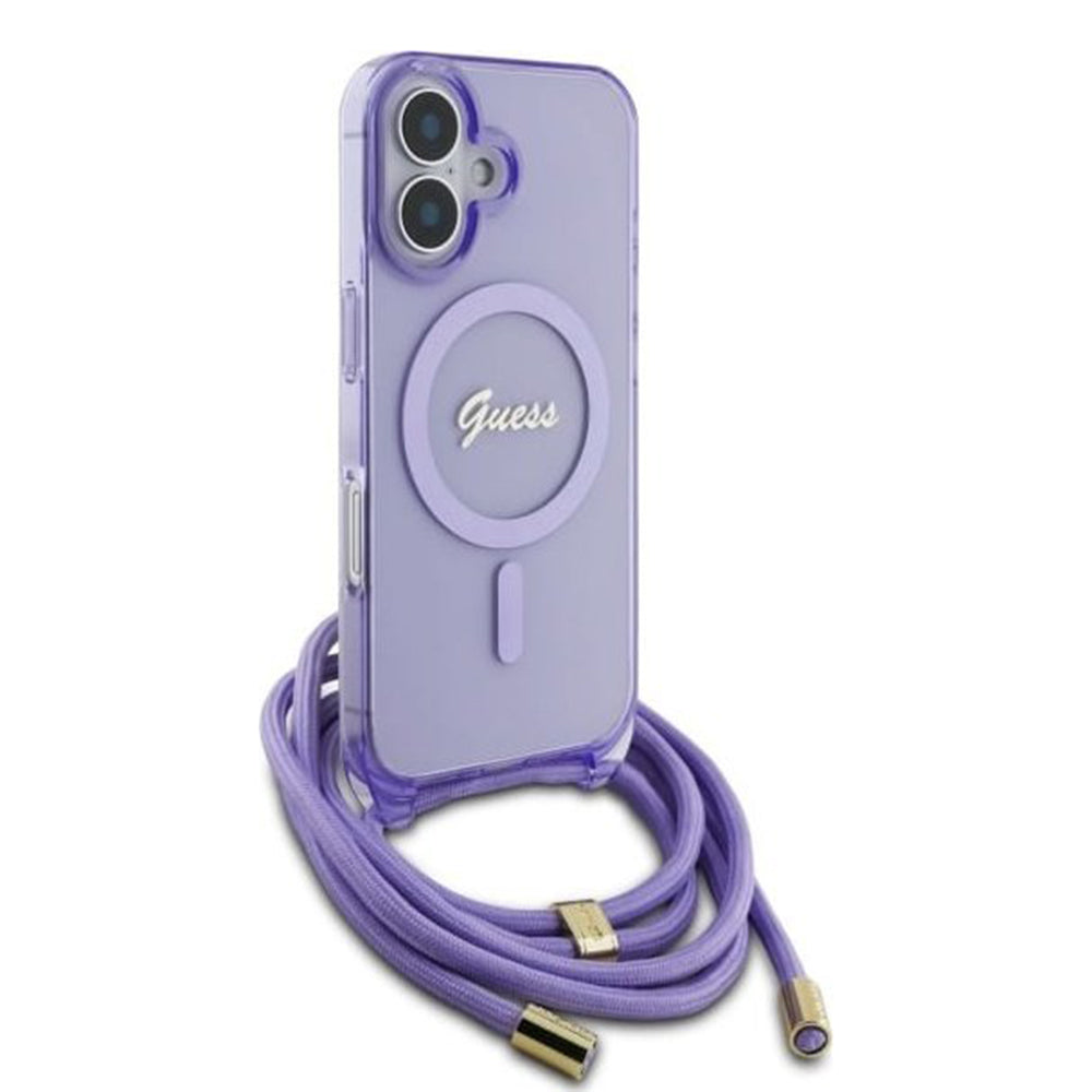 Étui MagSafe pour Apple iPhone 16, Guess, IML Crossbody Cord Script, Violet
