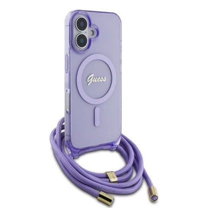 Étui MagSafe pour Apple iPhone 16, Guess, IML Crossbody Cord Script, Violet