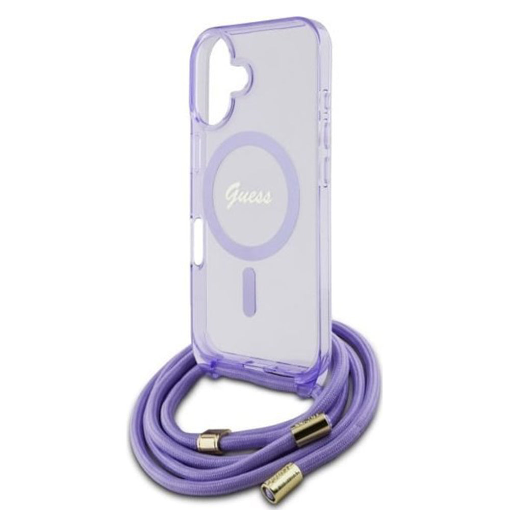 Étui MagSafe pour Apple iPhone 16, Guess, IML Crossbody Cord Script, Violet