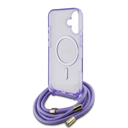 Étui MagSafe pour Apple iPhone 16, Guess, IML Crossbody Cord Script, Violet