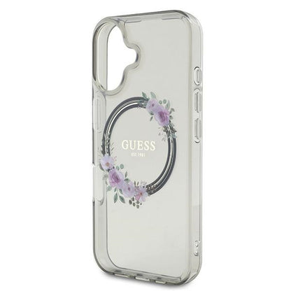 MagSafe Case for Apple iPhone 16, Guess, IML Flowers Wreath, Black