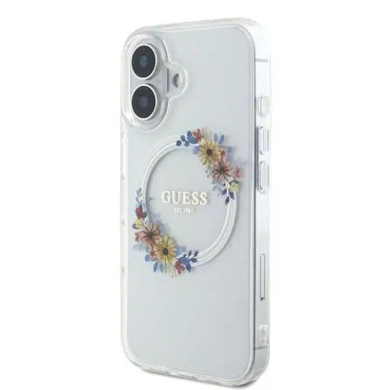 Coque MagSafe pour Apple iPhone 16, Guess, IML Couronne de Fleurs, Transparente