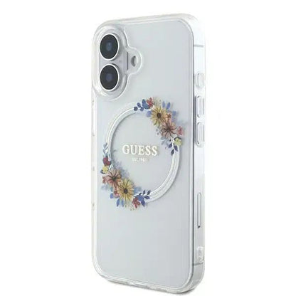 Coque MagSafe pour Apple iPhone 16, Guess, IML Couronne de Fleurs, Transparente