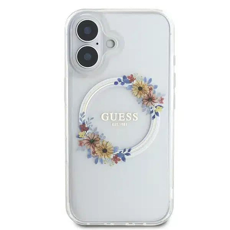 Coque MagSafe pour Apple iPhone 16, Guess, IML Couronne de Fleurs, Transparente