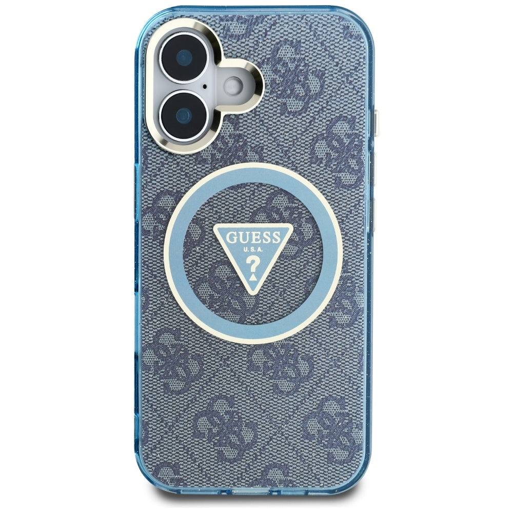 Étui MagSafe pour Apple iPhone 16, Guess, IML Glitter 4G Circle Triangle, Bleu