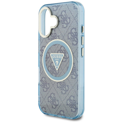 Étui MagSafe pour Apple iPhone 16, Guess, IML Glitter 4G Circle Triangle, Bleu