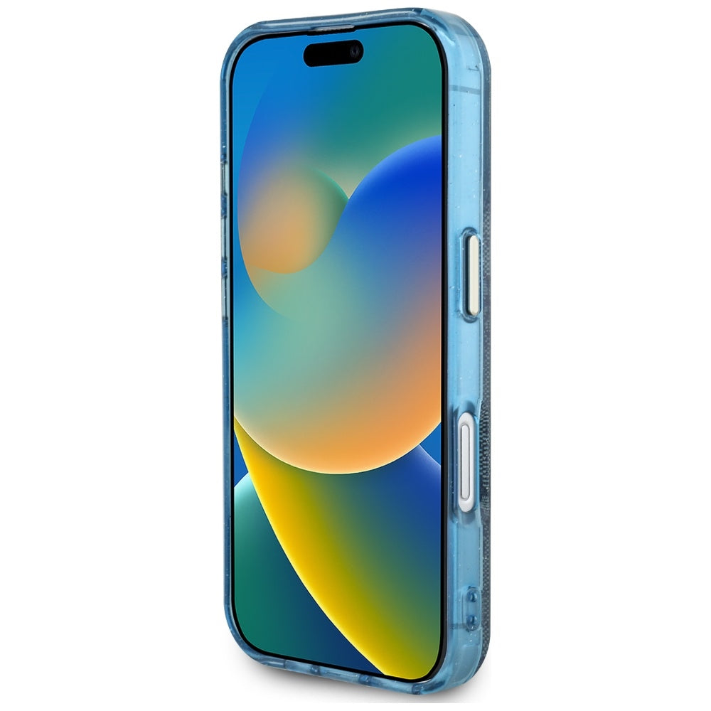 Étui MagSafe pour Apple iPhone 16, Guess, IML Glitter 4G Circle Triangle, Bleu