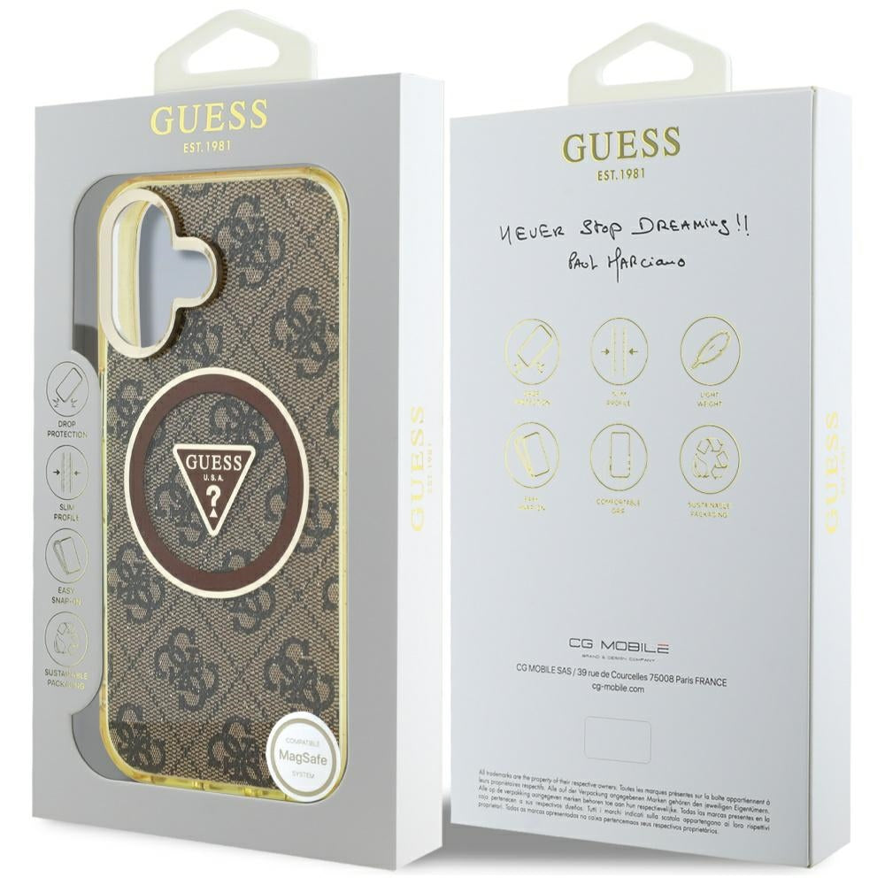 Étui MagSafe pour Apple iPhone 16, Guess, IML Glitter 4G Circle Triangle, Marron